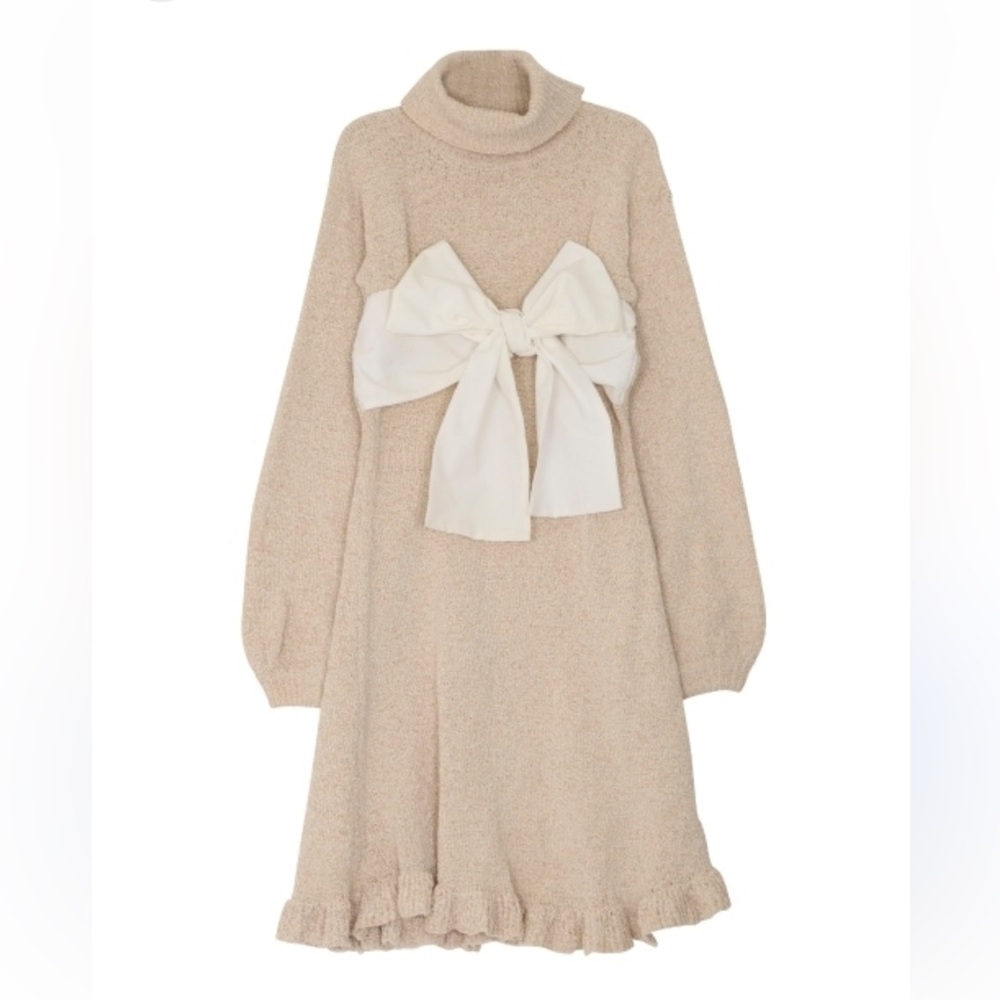 Merry Jenny Women's Beige Knit Classic Transitional Dress Bow Detail Free Size